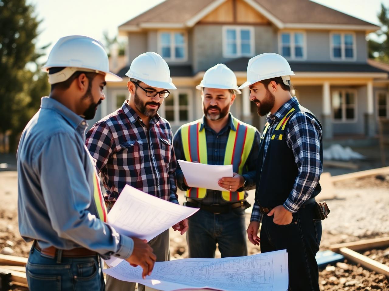 The Recreated Homes crew on site reviewing blueprints